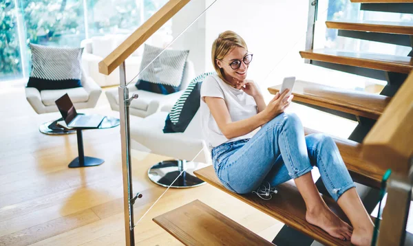 Young Female Toothy Smile Sitting Stairs Using Smartphone Making Video — Stock Photo, Image