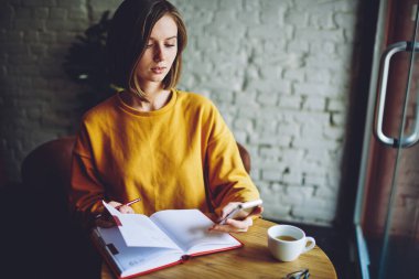 Kafe içinde öğrenim görürken üniversitenin internet sitesinde bilgilendirici yayınları kontrol eden beyaz kız öğrenci, sosyal ağlarda akıllı telefon kullanarak ders kitabı mesajları yazan genç hippi kız.