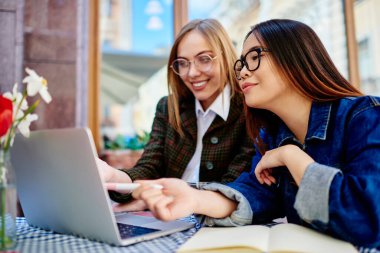 Gözlüklü genç, neşeli bayan öğrenciler, sokakta birlikte ödev yaparken modern dizüstü bilgisayardan bilgi okuyorlar.