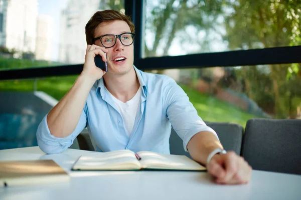 Excited Male Manager Optical Eyewear Making Mobile Conversation Delivery Service — Stock Photo, Image