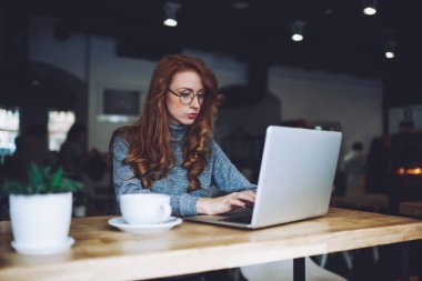 Gündelik giysiler içinde, gözlüklü genç ve düşünceli bir kadın, açık modern kafe projesinde çalışırken dizüstü bilgisayarında daktilo kullanıyor.