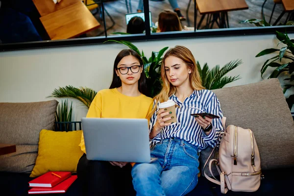 Giovani Studentesse Multietniche Concentrate Sedute Sul Divano Caffè Con Laptop — Foto Stock