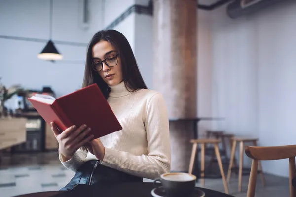 Pensive Woman Casual Outfit Glasses Resting Chair Table Cup Hot — Stock Photo, Image