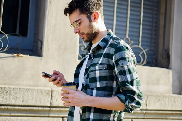 Side View Bearded Ethnic Male Casual Clothes Eyeglasses Cup Beverage — Stock Photo, Image