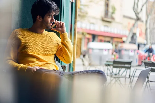 Serious Ethnic Male Trendy Outfit Making Call Mobile Phone Looking — Stock Photo, Image