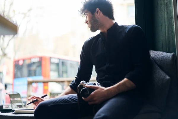 Focused Adult Unshaven Male Journalist Casual Dark Clothes Writing Notes — Stock Photo, Image