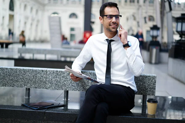 Glad Smiling Male Worker Classy Clothes Newspaper Hand Talking Phone — Stock Photo, Image
