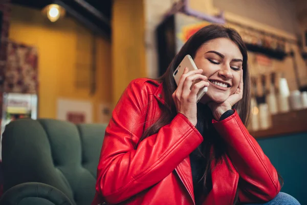 Happy Female Closed Eyes Toothy Smile Sitting Cafe Leaning Hand — Stock Photo, Image