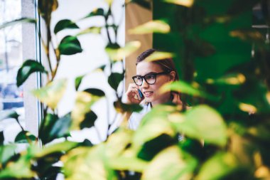 Gözlüklü, koyu renk saçlı genç bir kadın. Bulanık bitkilerin arkasında duruyor. Pencereden dışarı bakıyor ve akıllı telefondan konuşuyor.
