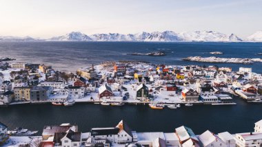 Geleneksel kırmızı Norveç evleriyle Lofoten balıkçı köyünün nefes kesici kuş bakışı görüntüsü. Fiyort arasında küçük şehir altyapısı olan panoramik ada manzarasının insansız hava aracı görüntüsü