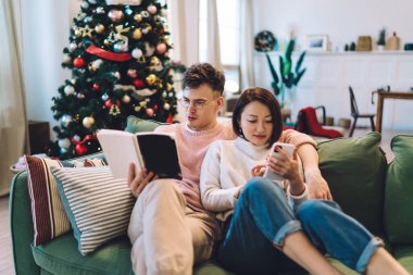 Beyaz adam kitap okuyor ve Asyalı kız tipi akıllı telefondan evde kanepede oturuyor. Çok ırklı çiftler dinlenir ve birlikte vakit geçirir. Noel ve yeni yıl zamanı. Ev eğlencesi ve eğlence anlayışı