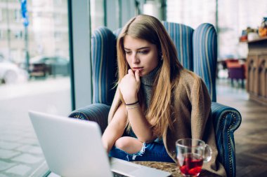 Konforlu koltukta oturan ve gündüz rahat bir kafede dizüstü bilgisayarla uzak proje üzerinde çalışan odaklanmış kadın serbest yazar.