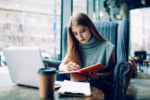 Freelancer Femenina Enfocada Ropa Casual Sentada Cómodo Sillón Cafetería Moderna —  Fotos de Stock