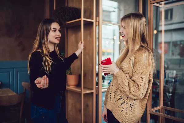 Seitenansicht Zufriedener Freundinnen Freizeitkleidung Die Sich Modernen Café Ausruhen Während — Stockfoto