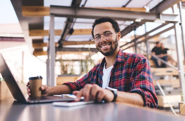 Portrait Cheerful Man Optical Glasses Provide Eyes Correction Smiling Camera — Stock Photo, Image