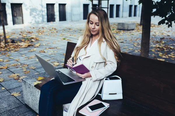 Výše Koncentrované Mladé Studentky Sedící Lavičce Areálu Školy Notebookem Notebookem — Stock fotografie