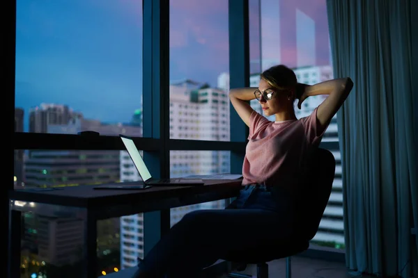 Pensive Female Sitting Table Panoramic Window Clasping Hands Head While — Stock Photo, Image