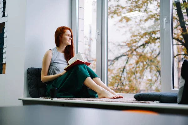 Full Body Barefoot Young Lady Looking Window While Sitting Comfortable — Stock Photo, Image