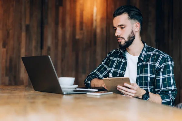 Caucasian Male Student Smart Casual Shirt Watching Webinar Video Laptop — 图库照片