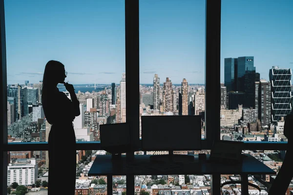 現代的なオフィスで働いている間 都市の大都市環境に対して顎に触れ ガラス窓の近くに立っている女性起業家の側面図シルエット — ストック写真
