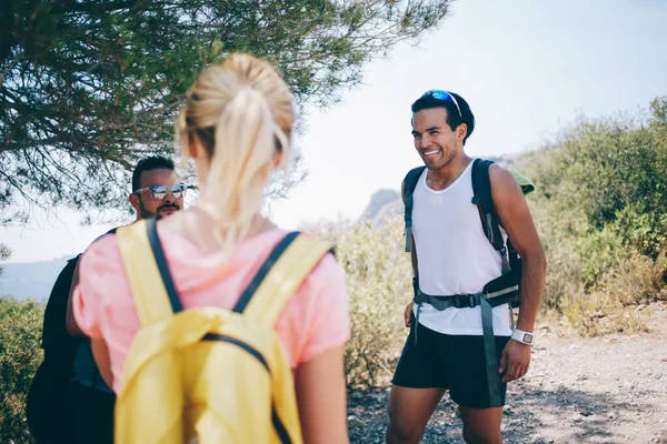 Young Multiracial People Standing Middle Rocky Trail Countryside Sunny Summer — 图库照片