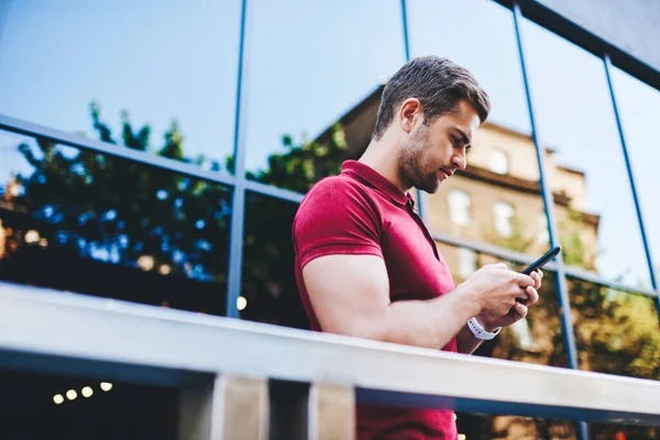 Focused Young Guy Casual Wear Reading Message Smartphone Standing Terrace — Stock Photo, Image