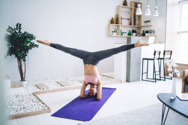 Eşofman giymiş beyaz kadın sporcu ev içi antrenman vücut dengesi sıkı çalışıyor, sporcu kadın el üstünde duran kaslar için egzersiz yapıyor zindeliği sağlıklı yaşam ve kendini kontrol ediyor.