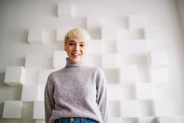 Low Angle Young Cheerful Female Casual Sweater Toothy Smile Hands — Stock Photo, Image