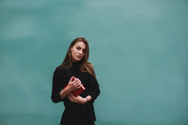 Pensive Female Student Black Outfit Long Hair Looking Away Standing — Fotografia de Stock