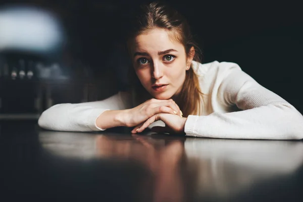 Young Pensive Sad Female White Jumper Sitting Table Putting Head — Stock Photo, Image