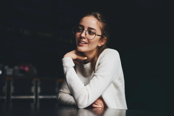 Young Female Toothy Smile Casual Outfit Frame Eyeglasses Looking Away — Fotografia de Stock