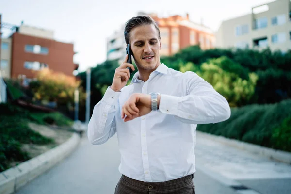 Confident Male Entrepreneur Checking Time Meeting Wearable Wrist Watch Calling — Stock Photo, Image