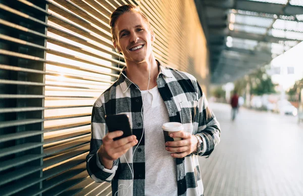 Half Length Portrait Smiling Hipster Guy Earphones Entertaining Free Time — Foto Stock