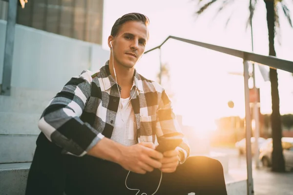 Portrait Handsome Hipster Guy Casual Wear Resting Sunny Day Sitting — Stock Photo, Image