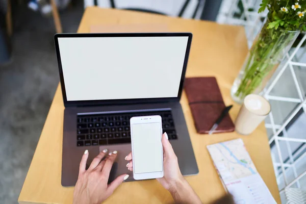 High Angle Crop Unrecognizable Female Manicured Hands Sitting Wooden Desk — Stockfoto