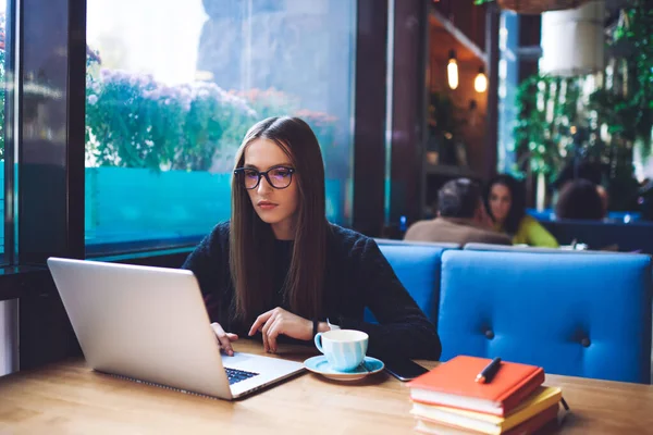 Serious Female Remote Worker Casual Clothes Sitting Table Window Cup — Stock Photo, Image