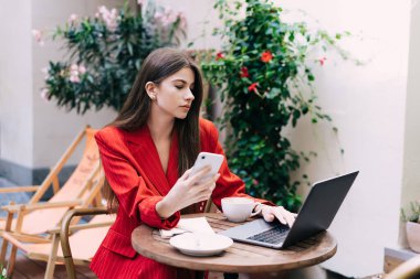 Şık bir esmer şık giyiniyor. Akıllı telefon ve dizüstü bilgisayar kullanıyor. Gündüz vakti Cafe Terrace 'da proje üzerinde çalışıyor.