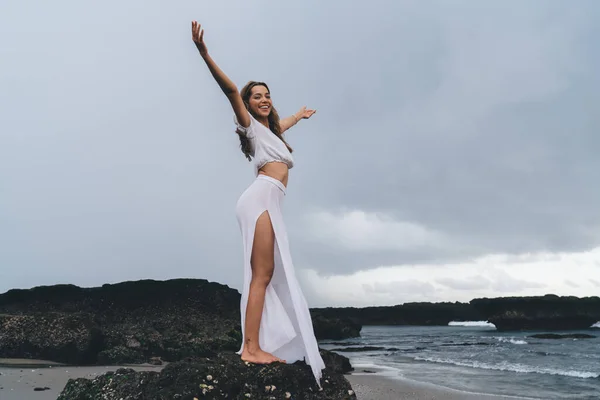 Side View Full Length Barefoot Cheerful Female Long Dress Standing — Stockfoto