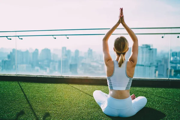 Back View Young Woman Sport Wear Practicing Yoga Taking Sukhasana — Stockfoto