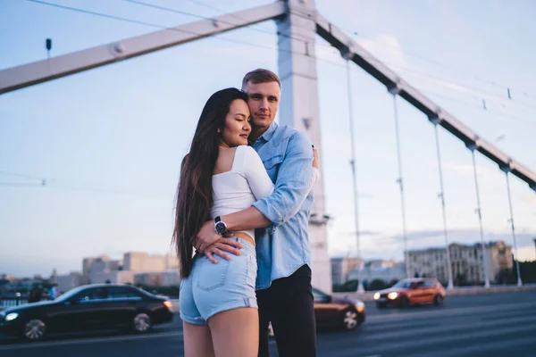 Half Length Portrait Handsome Male Cuddling Pretty Girlfriend Enjoying Dating — Stock Photo, Image