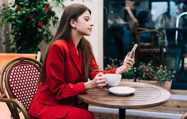 Side View Young Female Stylish Wear Sitting Table Cup Hot — стоковое фото