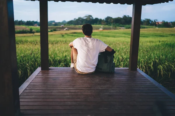 Back View Anonymous Male Backpacker Casual Summer Clothes Sitting Wooden — стоковое фото