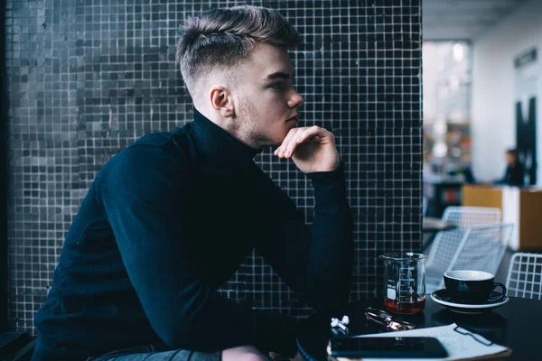 Side View Male Employee Stylish Haircut Sitting Table Mug Hot — Stockfoto