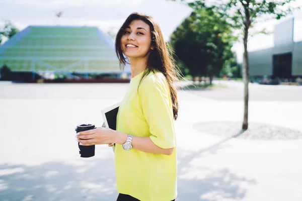 Side View Positive Smiling Female Casual Clothes Standing Street While — стоковое фото