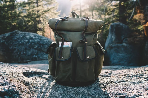 Lonely Green Touristic Backpack Unrecognizable Hiker Placed Stony Ground Yosemite — стокове фото