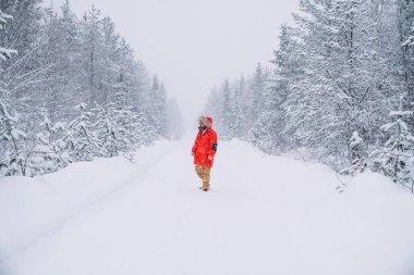 Kış modasına uygun parlak kırmızı ceketli bir erkek kuzeye doğru yol alan gezgin şehvetli yolda ısınıyor uzun donmuş ağaçlarla karlı, buzlu yolda yürüyor.