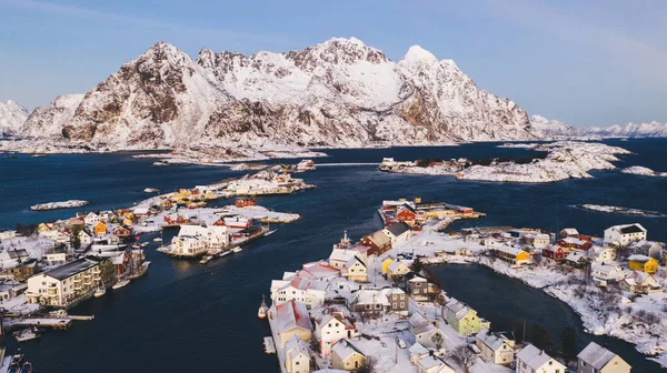 Vista Deslumbrante Olho Pássaro Vila Pescadores Lofoten Com Casas Norueguesas — Fotografia de Stock