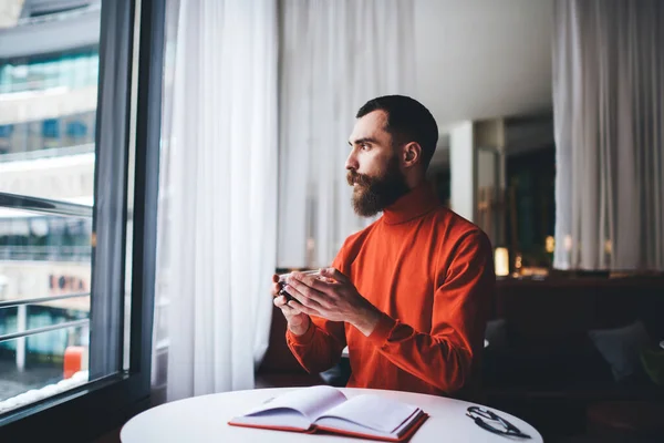 Side View Thoughtful Male Beard Moustache Sitting Table Book Holding — Foto Stock
