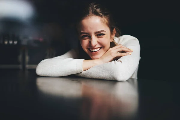 Young Cheerful Female White Jumper Relaxing Sitting Table Putting Head — Fotografia de Stock