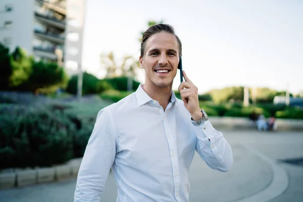 Half Length Portrait Happy Successful Businessman Receiving Good News Financial — Stock Photo, Image